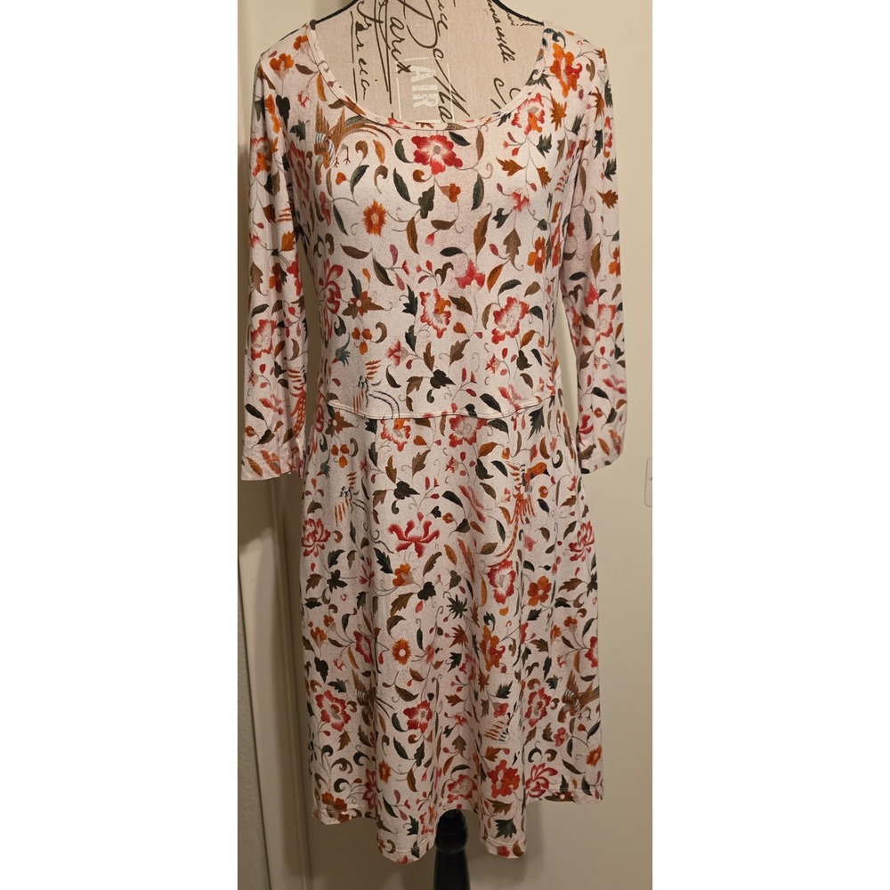 Peruvian Connection Floral Viscose A-Line Dress Cream Orange Red 3/4‎ Sleeve Med
